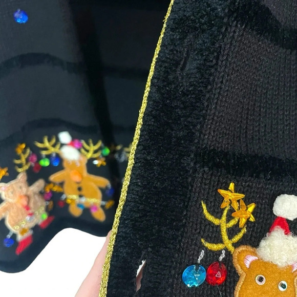 VINTAGE 90s Jack B Quick Ugly Bedazzled Christmas Cardigan Sweater Black Size M - Picture 8 of 14
